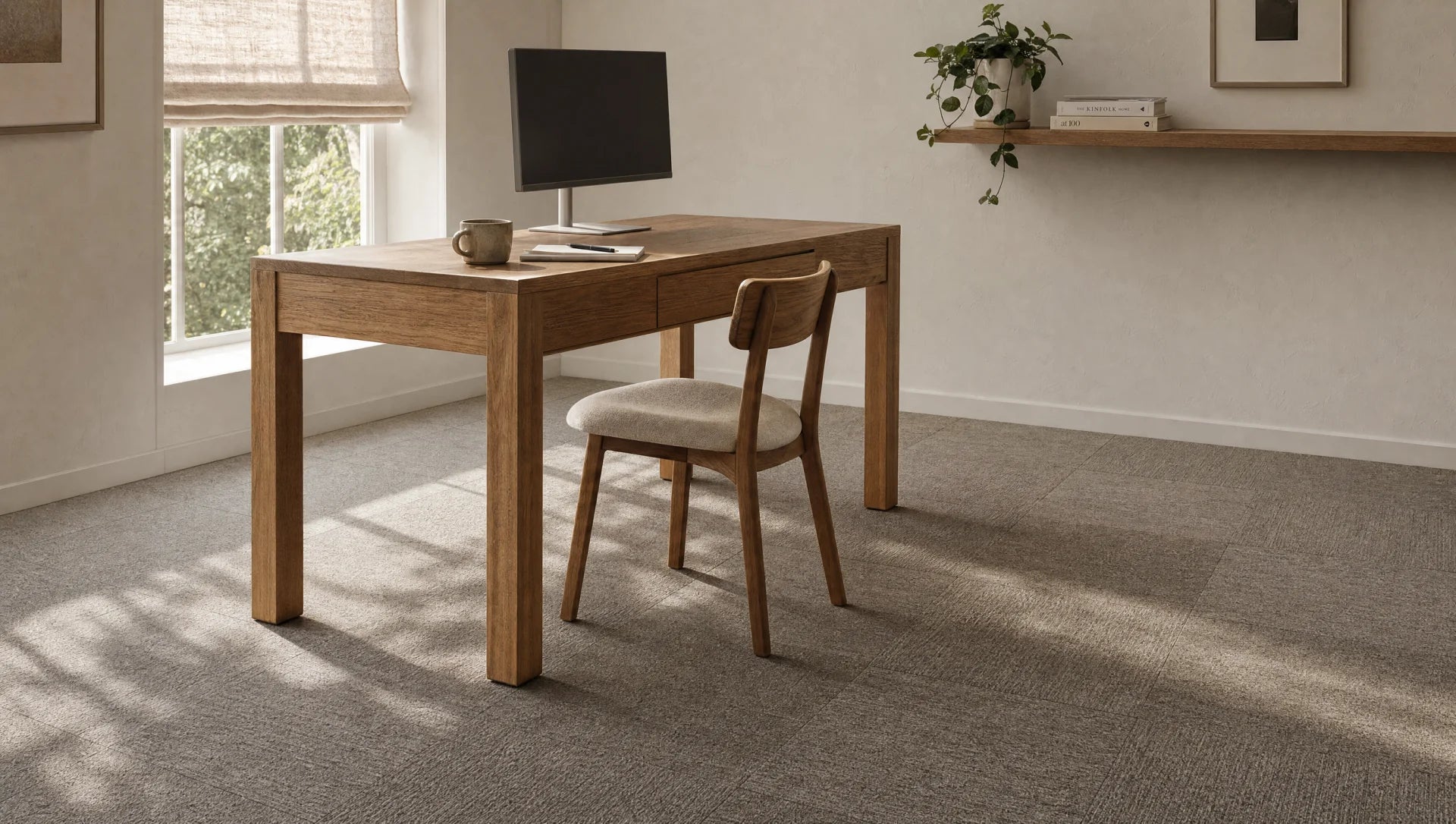 Neutral commercial carpet tile floor laid in modular squares in a bright modern office