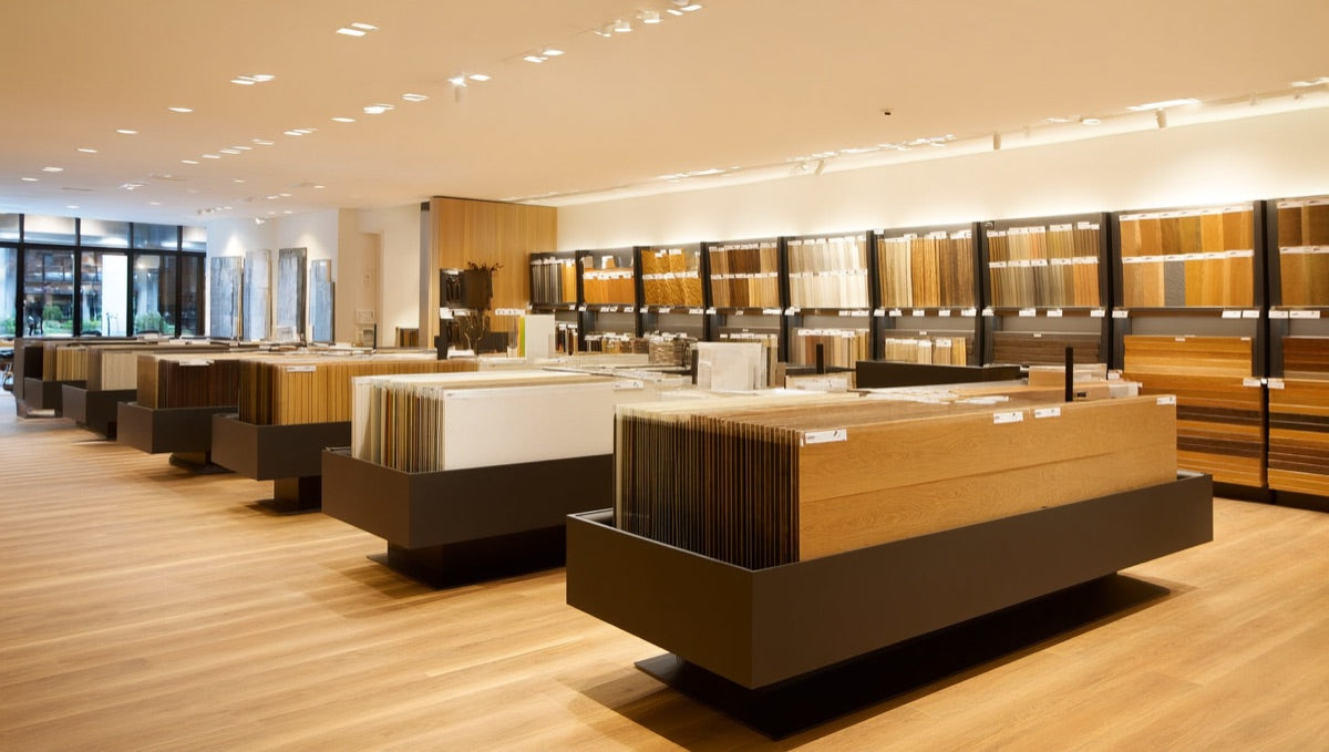 Bright Zone 4 flooring showroom with vinyl and hardwood samples