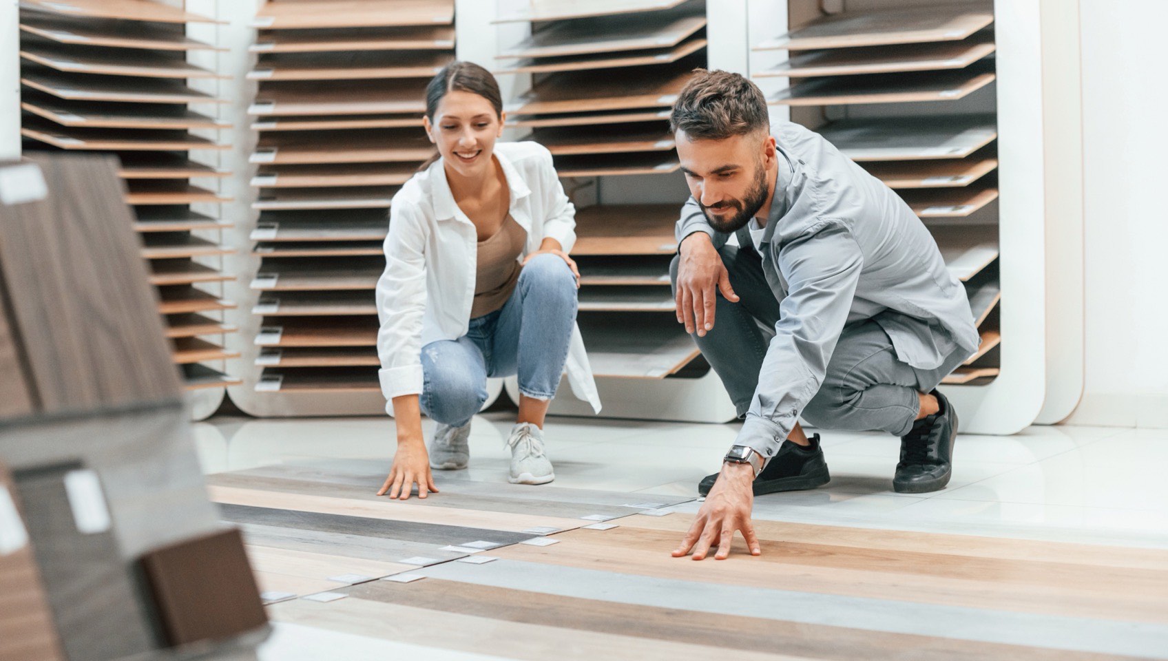 Bright Zone 4 flooring showroom with vinyl and hardwood samples