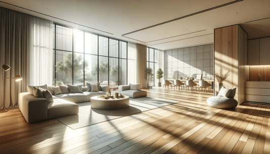 sunlit modern room with stylish waterproof flooring and soft neutral colors throughout