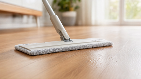 Damp microfiber mop and pH-neutral cleaner used to safely clean laminate flooring