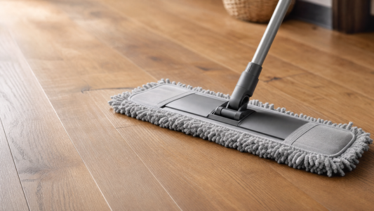 Spray pH-neutral hardwood cleaner onto a microfiber pad, not the floor, to safely clean engineered hardwood