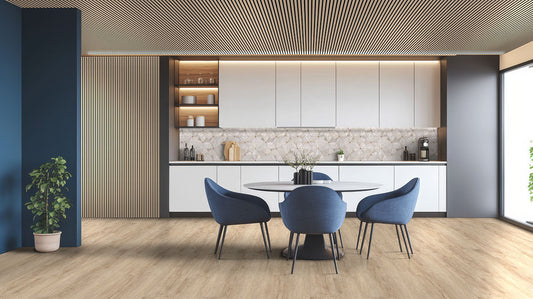 Wide-plank luxury vinyl flooring in a modern kitchen and dining area