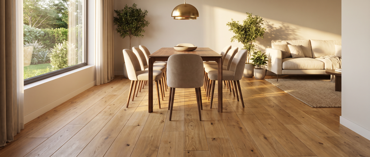 Wide-plank engineered hardwood flooring in a warm dining room - Zone 4 Flooring
