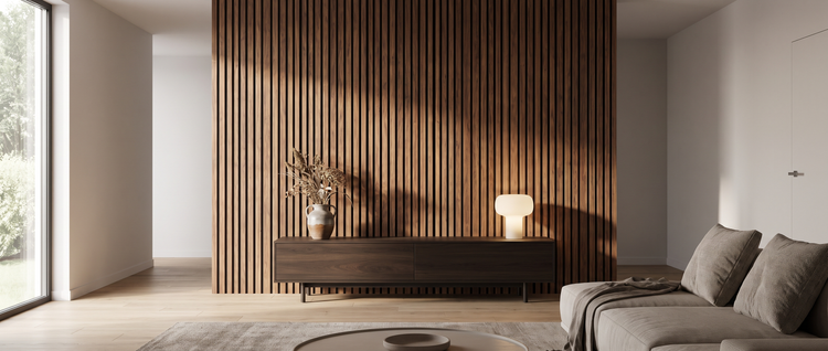 3D fluted wood slat acoustic wall panels on a living room accent wall - Zone 4 Flooring