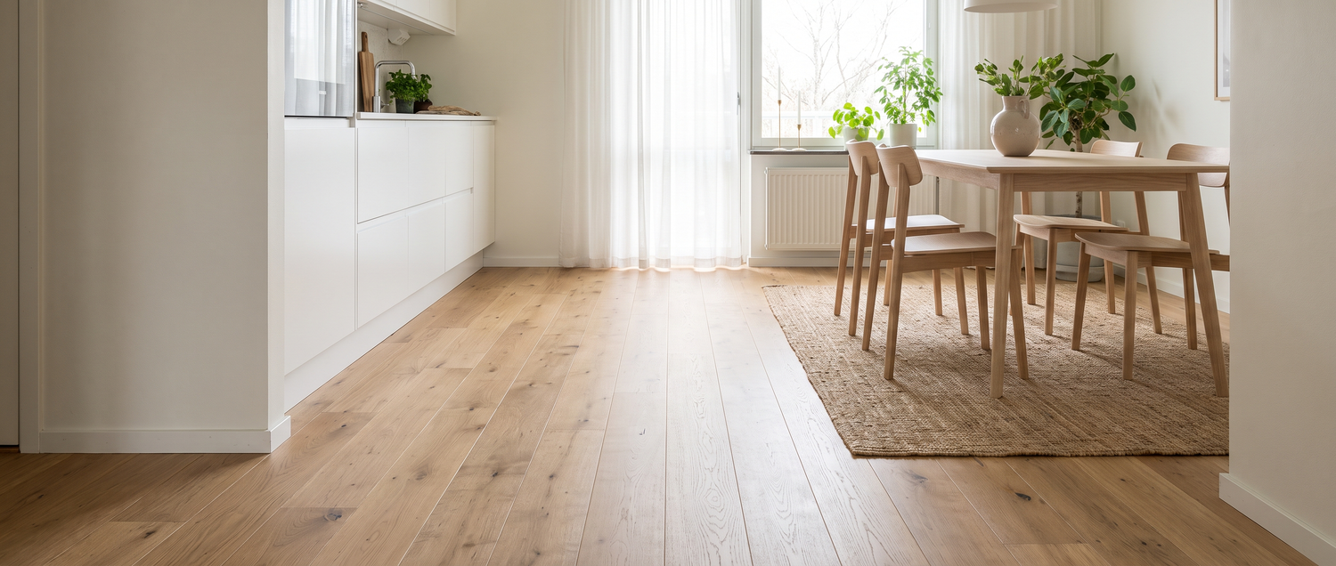 Waterproof wood flooring in a bright modern kitchen-dining room - Zone 4 Flooring