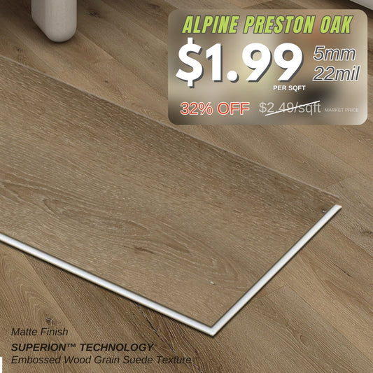 Alpine-Preston Oak 5MM 22MIL 7" X 48" Click Lock Waterproof Luxury Vinyl Plank Flooring (23.95sqft/Box)