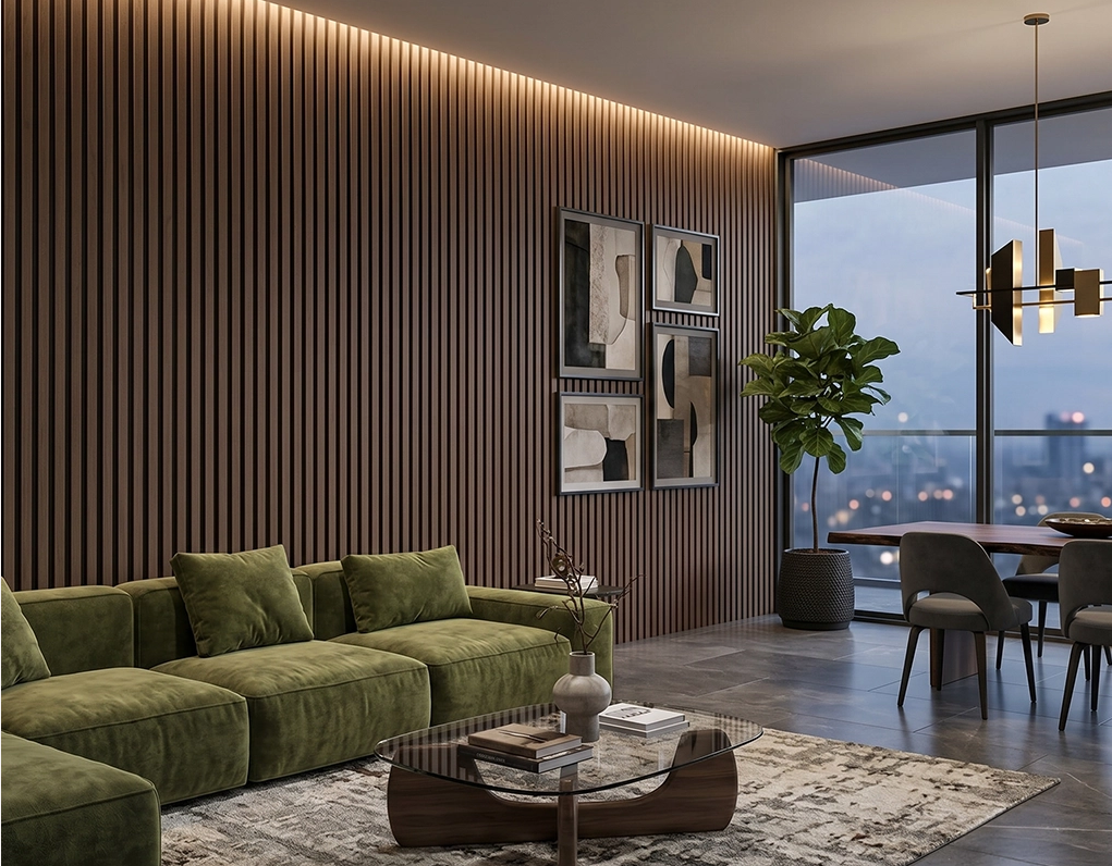 European Walnut fluted wood-slat acoustic wall panel, view 3