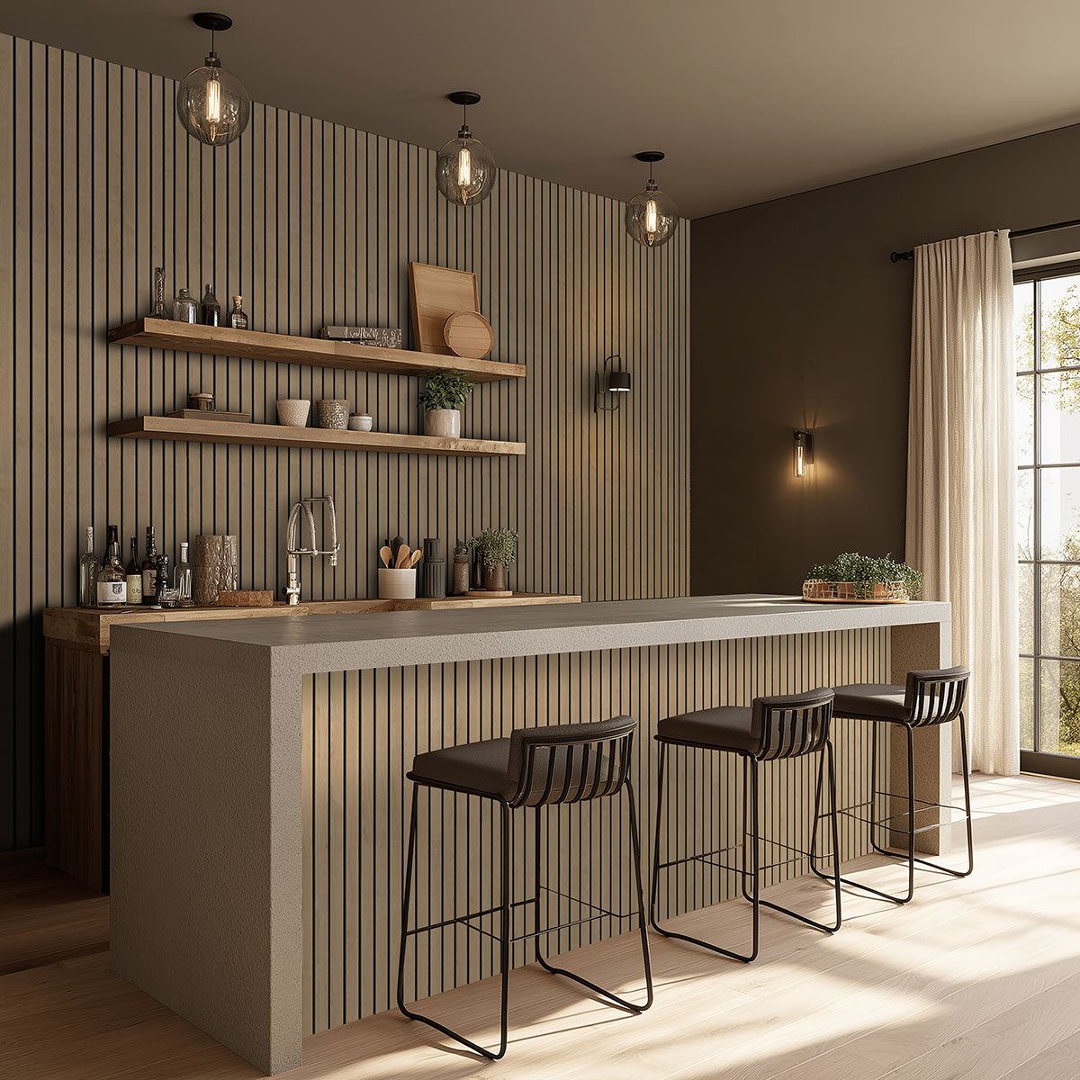 MSI-NATURAL MACRO 94.5 In. x 9.5 In. 3D Fluted Wood Slat Acoustic Sound Absorbing Wall Paneling (Set of 4)