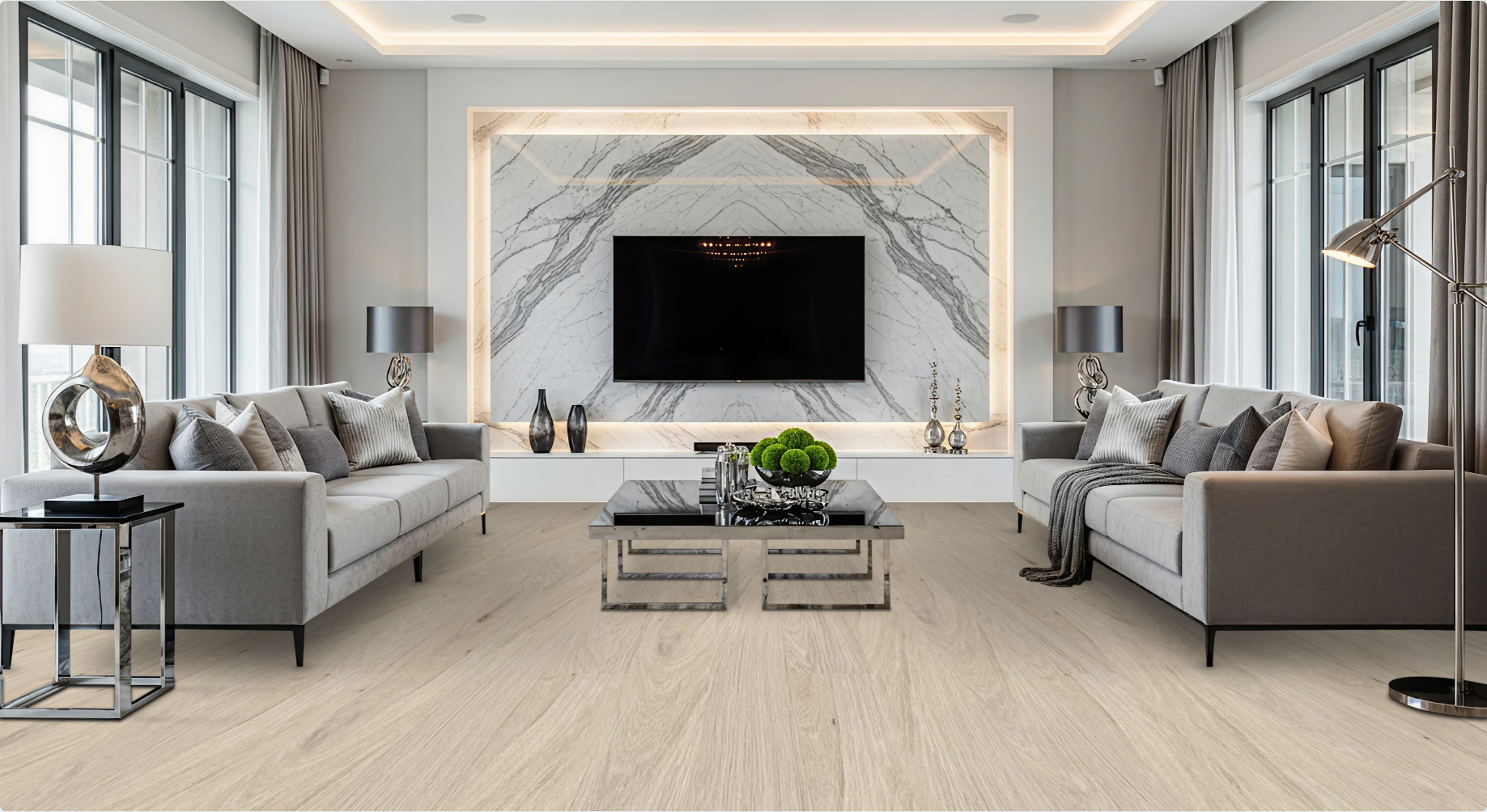 Alpine Blond SF-2002R European Oak engineered hardwood flooring by Sky Reserve — living room visualization