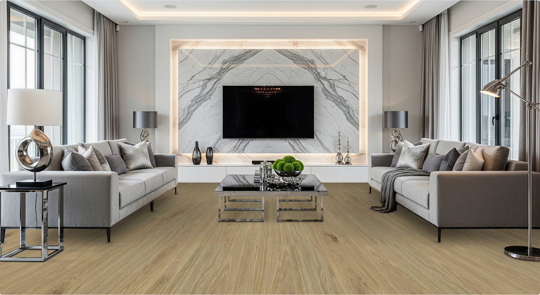 Driftwood SF-2001R European Oak engineered hardwood flooring by Sky Reserve — living room visualization