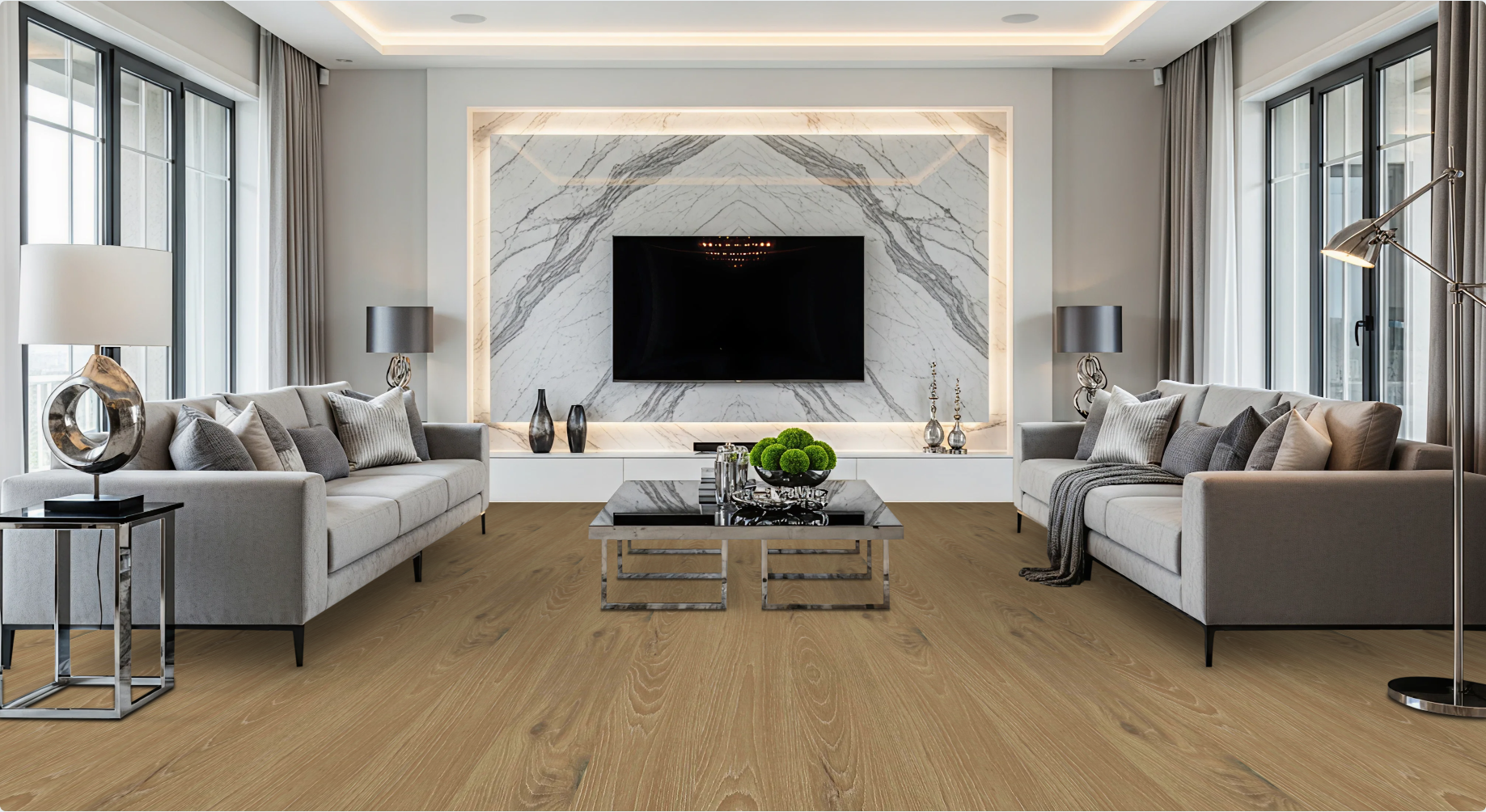 Sandcrest SF-2000R European Oak engineered hardwood flooring by Sky Reserve — living room visualization