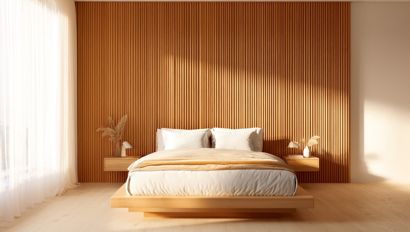 Cozy bedroom feature wall behind the bed covered in warm Tawny 3D fluted acoustic wood slat panels in soft golden morning light