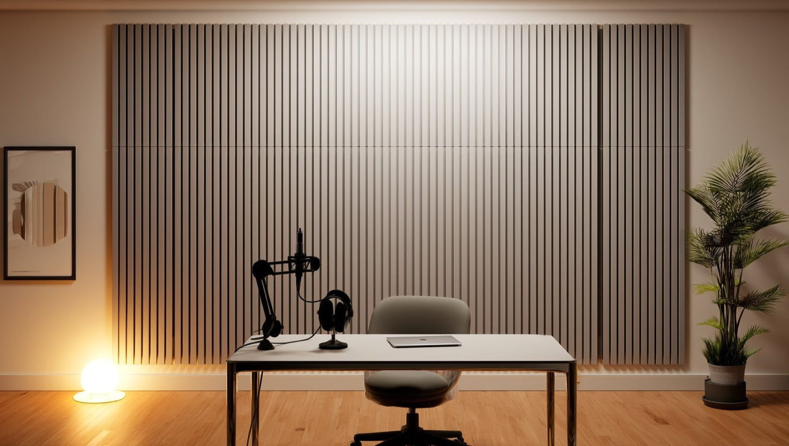 Podcast and media room with a soft Fog grey-taupe 3D fluted acoustic wood slat panel wall behind a studio microphone and headphones