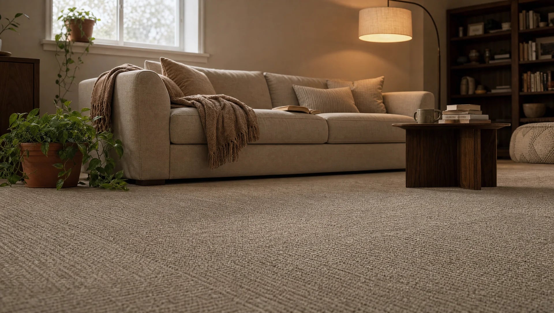 Commercial carpet tile floor in a warm, styled basement rec room
