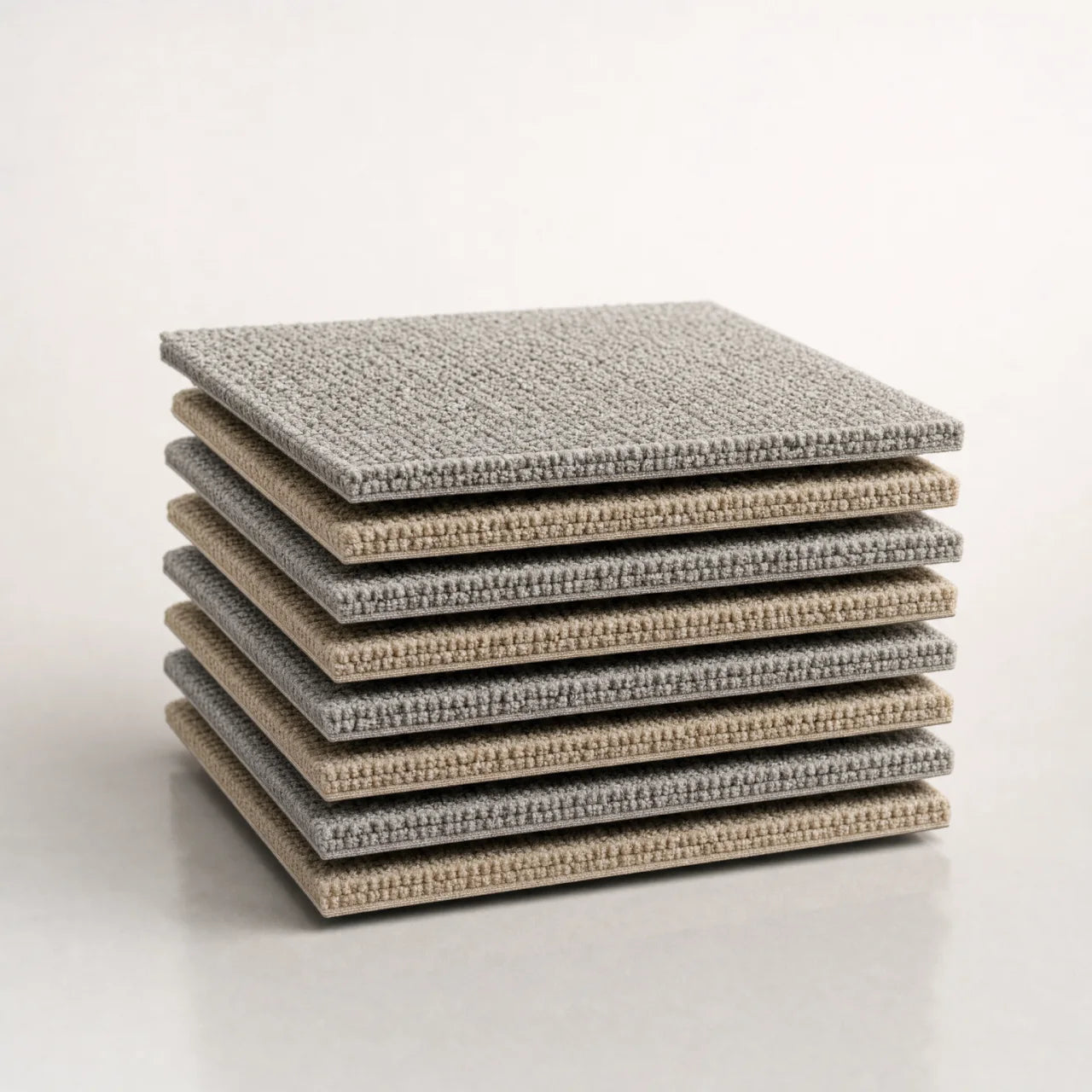 Stack of square commercial carpet tiles showing the multi-level loop pile