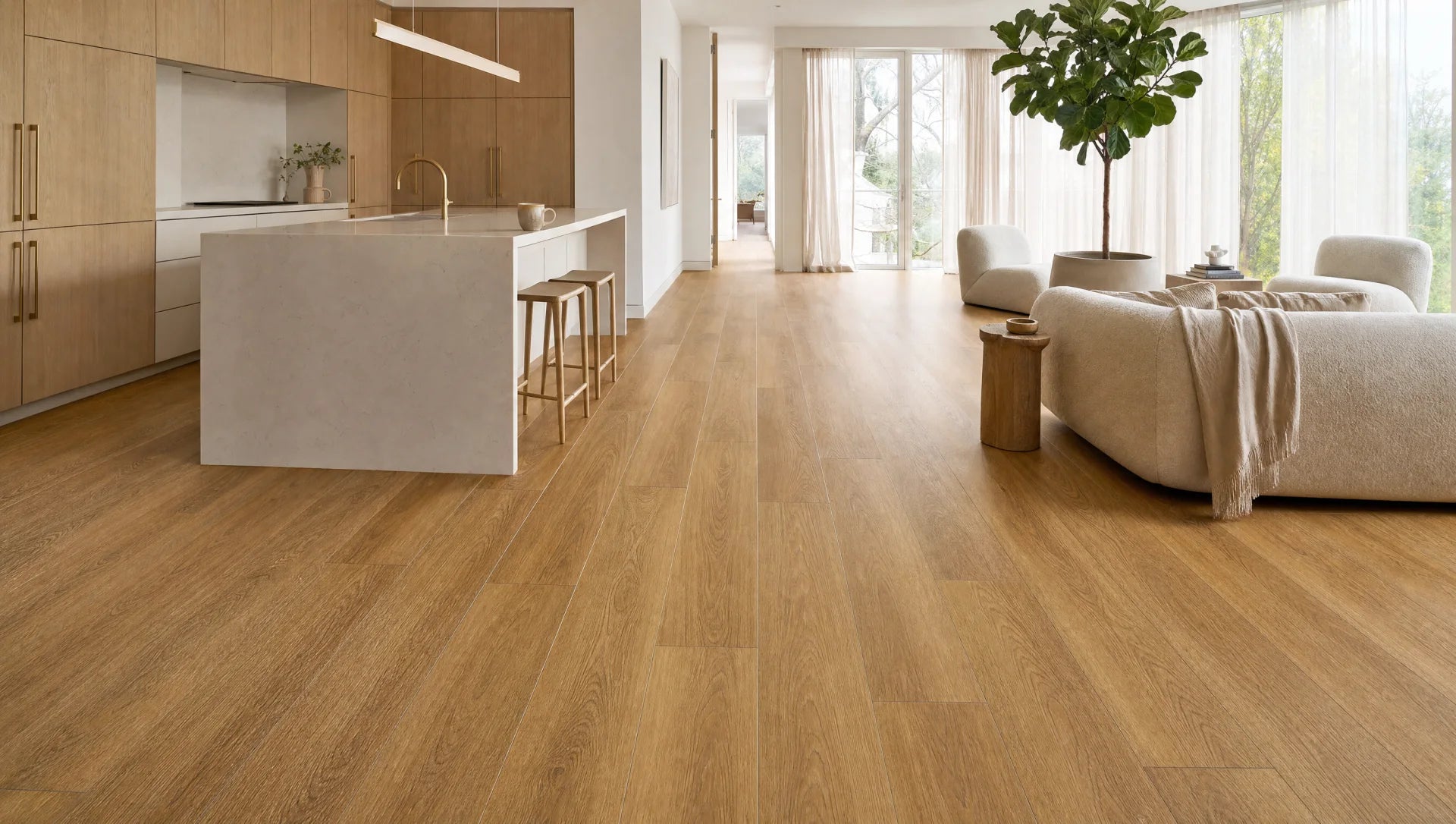 Scratch-resistant Ceramic Shield wood-look vinyl plank flooring in a bright modern living room
