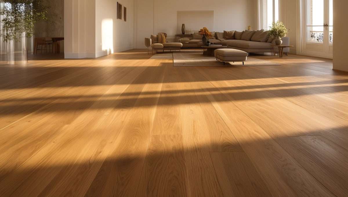 Premium wide-plank flooring in a sunlit living room