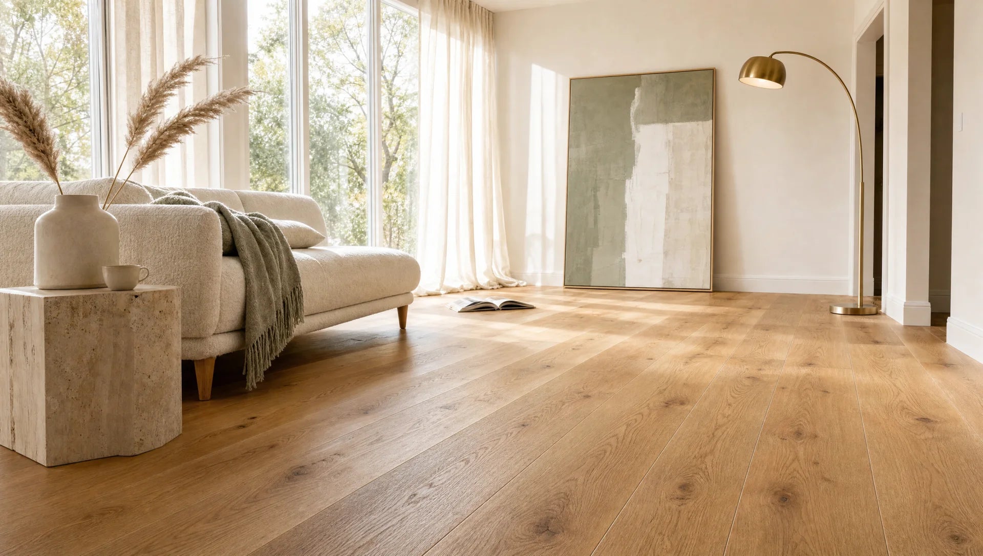 Wide-plank engineered oak hardwood flooring in a bright modern living room