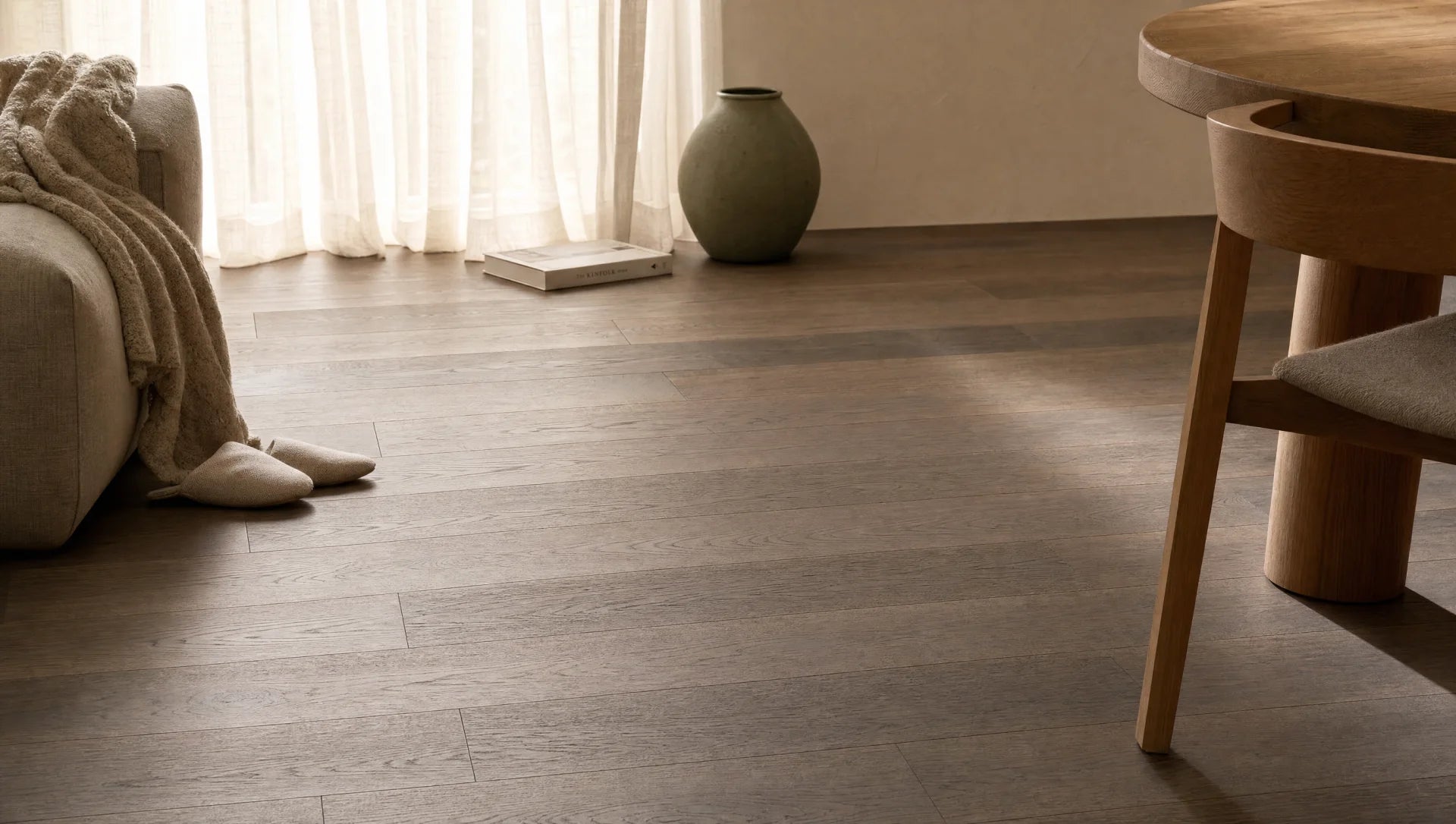Engineered hardwood floor in a warm, styled living space