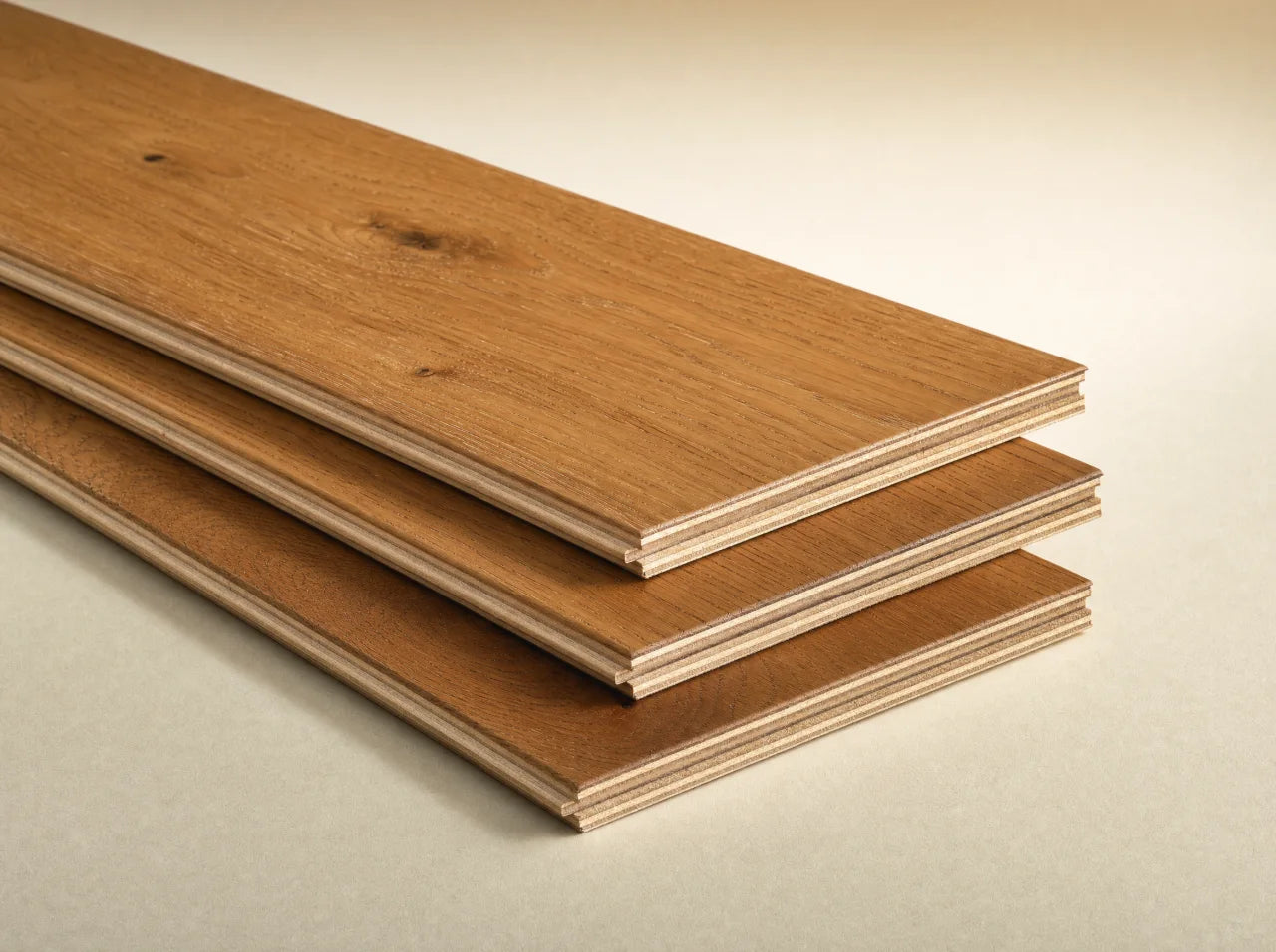 Engineered oak plank showing real wood veneer over a layered core